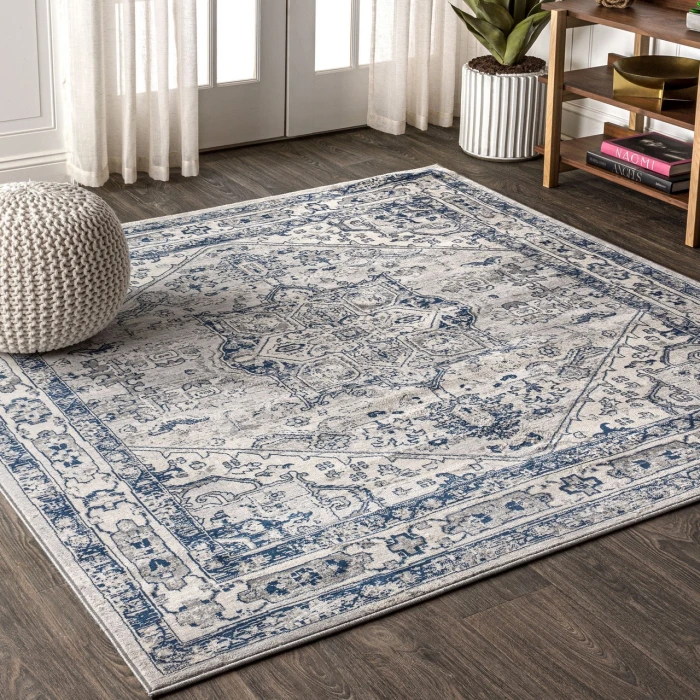 Modern  Vintage Medallion Light Grey/Navy 6' Square Area Rug