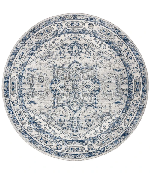 Modern  Vintage Medallion Light Grey/Navy 6' Round Area Rug