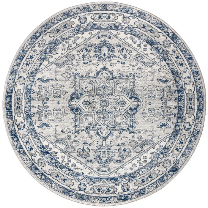 Modern  Vintage Medallion Light Grey/Navy 6' Round Area Rug