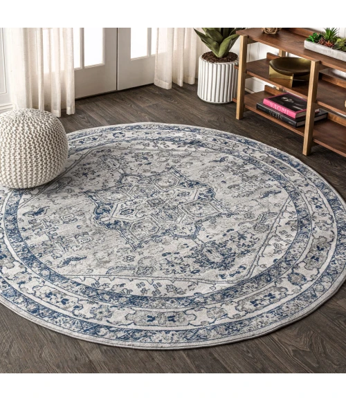 Modern  Vintage Medallion Light Grey/Navy 6' Round Area Rug
