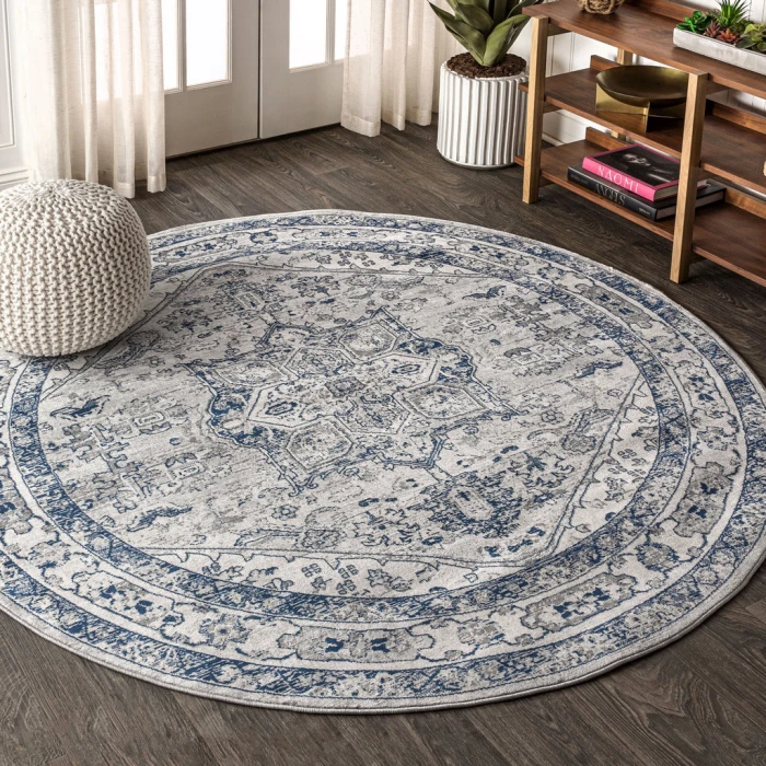 Modern  Vintage Medallion Light Grey/Navy 6' Round Area Rug