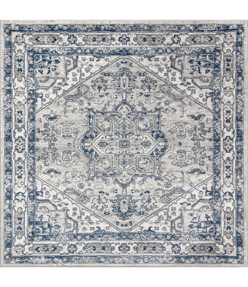 Modern  Vintage Medallion Light Grey/Navy 6' Square Area Rug