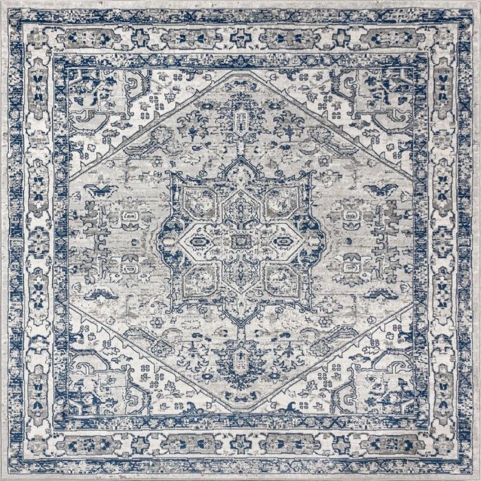 Modern  Vintage Medallion Light Grey/Navy 6' Square Area Rug