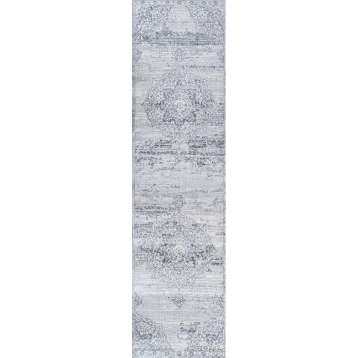 Modern  Vintage Medallion Light Gray/Ivory 2 ft. x 10 ft. Runner Rug