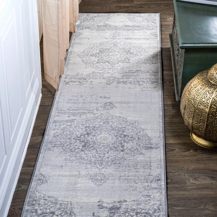 Modern  Vintage Medallion Light Gray/Ivory 2 ft. x 10 ft. Runner Rug