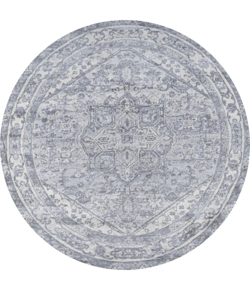 Modern  Vintage Medallion Light Gray/Ivory 5' Round Area Rug