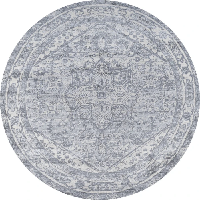 Modern  Vintage Medallion Light Gray/Ivory 6' Round Area Rug