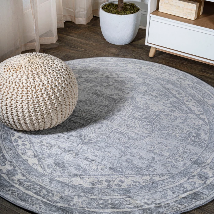 Modern  Vintage Medallion Light Gray/Ivory 6' Round Area Rug