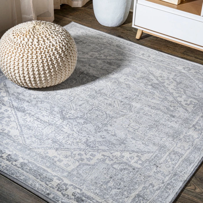 Modern  Vintage Medallion Light Gray/Ivory 6' Square Area Rug