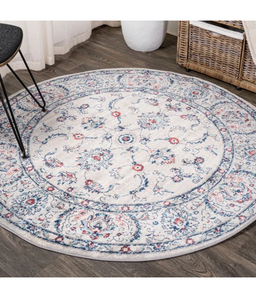 Modern  Vintage Medallion Light Grey/Red 5' Round Area Rug
