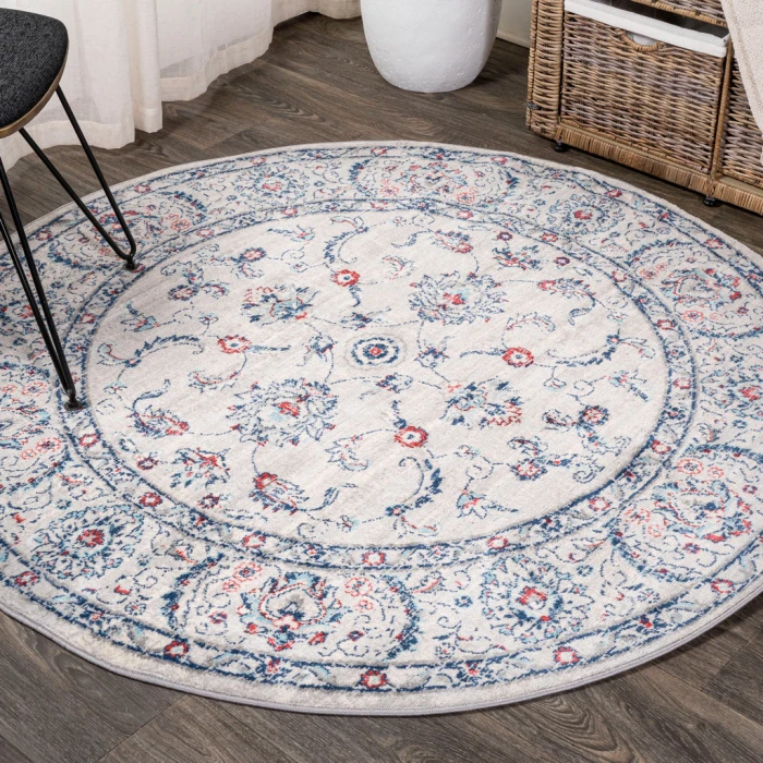 Modern  Vintage Medallion Light Grey/Red 5' Round Area Rug