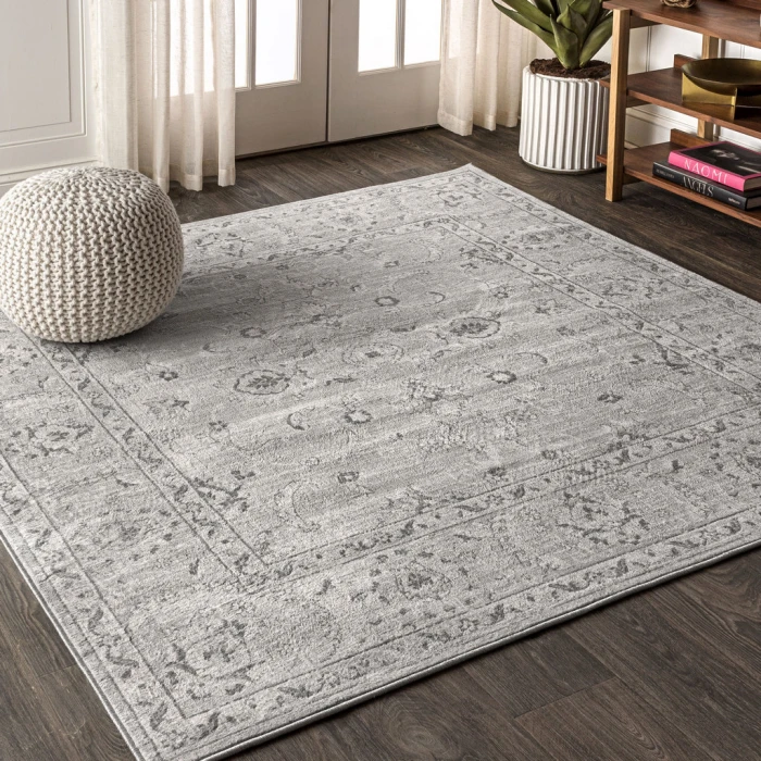 Modern  Vintage Medallion Light Grey 5' Square Area Rug