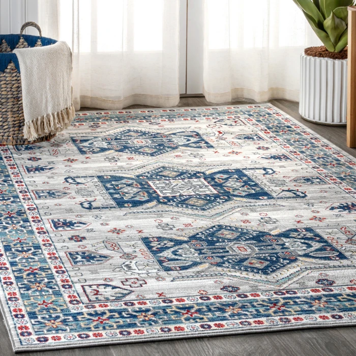 Modern  Vintage Moroccan Traditional Light Grey/Blue 8 ft. x 10 ft. Area Rug