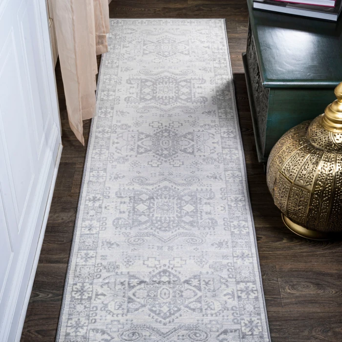 Modern  Vintage Medallion Light Gray 2 ft. x 10 ft. Runner Rug