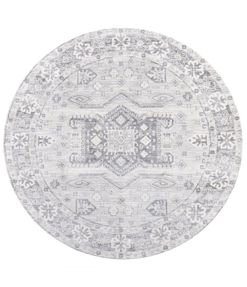 Modern  Vintage Medallion Light Gray 6' Round Area Rug