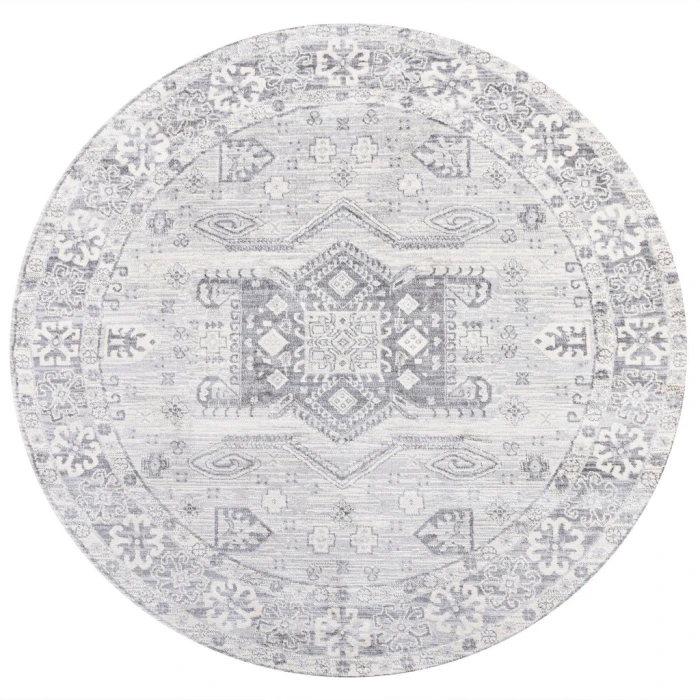 Modern  Vintage Medallion Light Gray 5' Round Area Rug