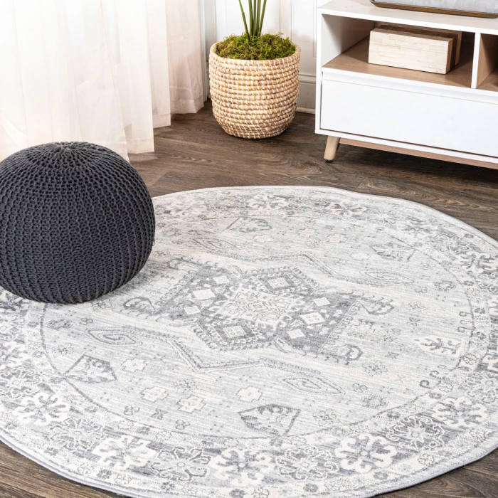 Modern  Vintage Medallion Light Gray 5' Round Area Rug