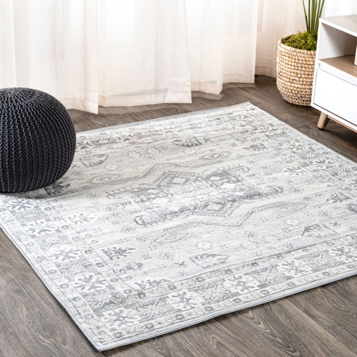 Modern  Vintage Medallion Light Gray 5' Square Area Rug