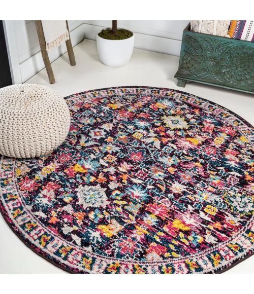 Modern  Boho Floral Multi/Purple 5' Round Area Rug