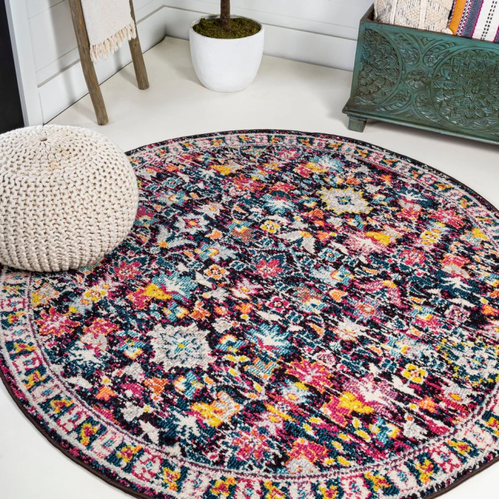 Modern  Boho Floral Multi/Purple 5' Round Area Rug