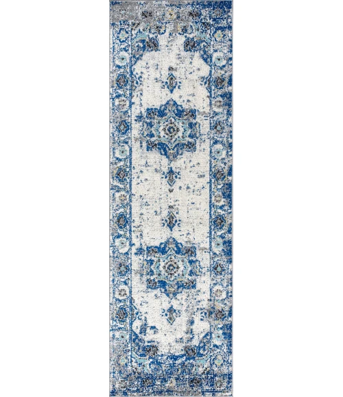 Modern  Boho Vintage Medallion Ivory/Blue 2 ft. x 8 ft. Runner Rug