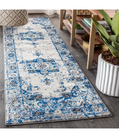 Modern  Boho Vintage Medallion Ivory/Blue 2 ft. x 8 ft. Runner Rug