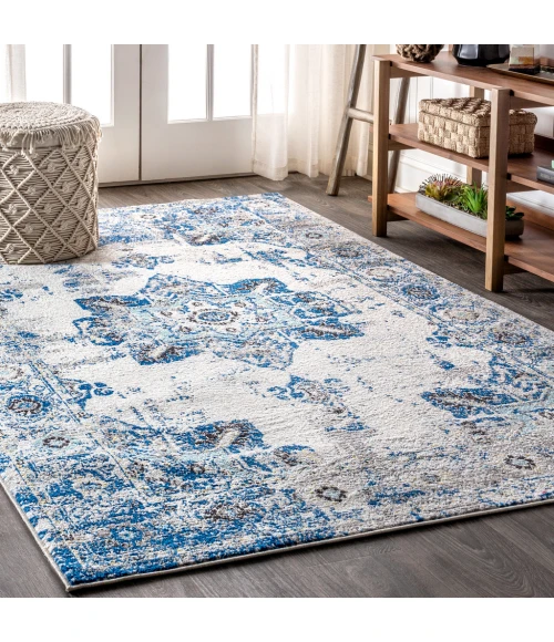 Modern  Boho Vintage Medallion Ivory/Blue 5 ft. x 8 ft. Area Rug