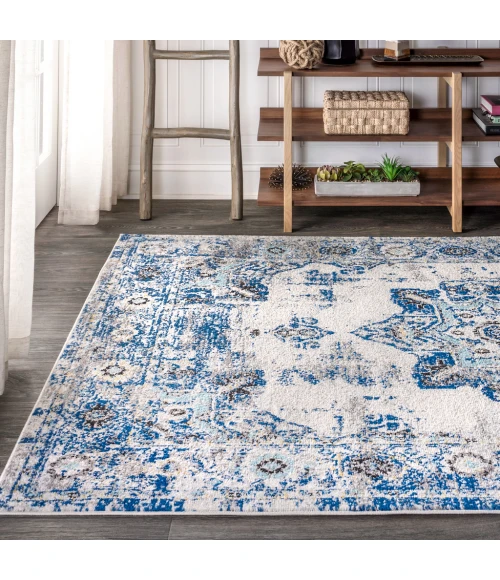 Modern  Boho Vintage Medallion Ivory/Blue 5 ft. x 8 ft. Area Rug