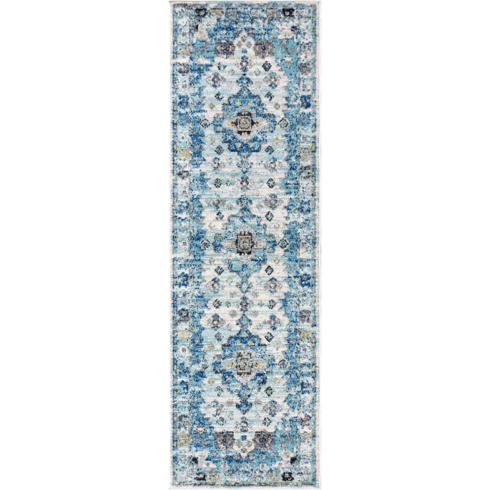 Modern  Boho Vintage Medallion Cream/Blue 2 ft. x 8 ft. Runner Rug