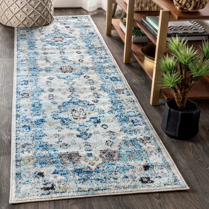 Modern  Boho Vintage Medallion Cream/Blue 2 ft. x 8 ft. Runner Rug