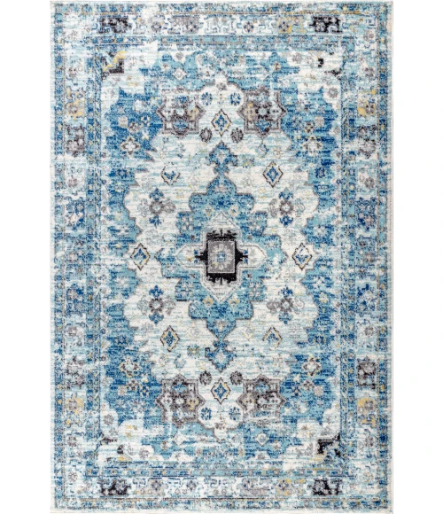 Modern  Boho Vintage Medallion Cream/Blue 5 ft. x 8 ft. Area Rug