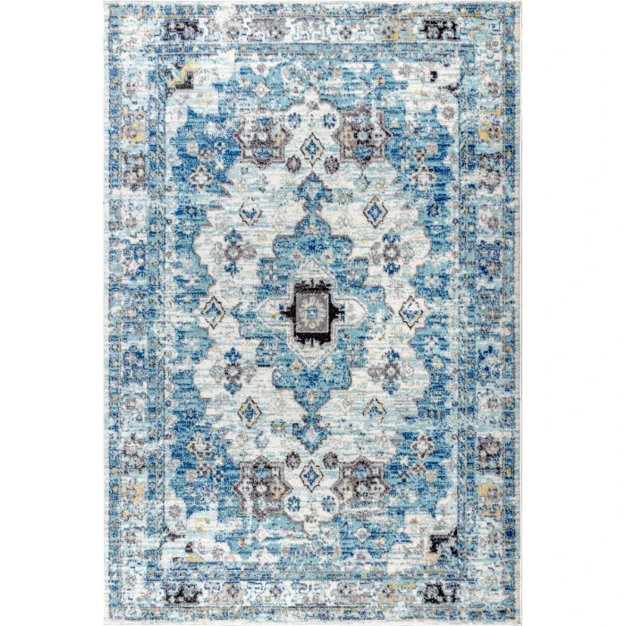 Modern  Boho Vintage Medallion Cream/Blue 8 ft. x 10 ft. Area Rug