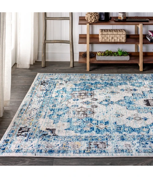 Modern  Boho Vintage Medallion Cream/Blue 5 ft. x 8 ft. Area Rug
