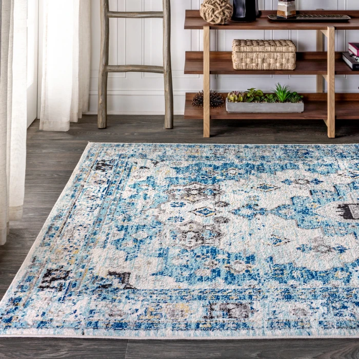 Modern  Boho Vintage Medallion Cream/Blue 8 ft. x 10 ft. Area Rug