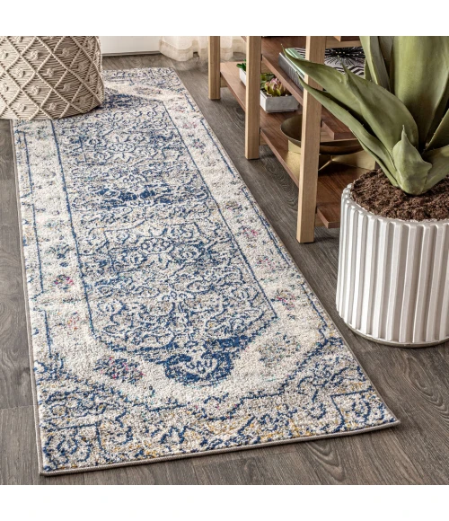 Modern  Boho Vintage Cream/Blue 2 ft. x 8 ft. Runner Rug
