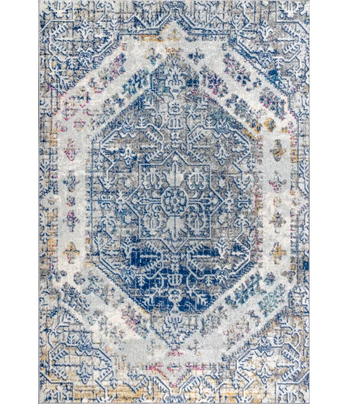 Modern  Boho Vintage Cream/Blue 5 ft. x 8 ft. Area Rug