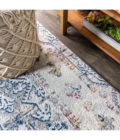 Modern  Boho Vintage Cream/Blue 5 ft. x 8 ft. Area Rug