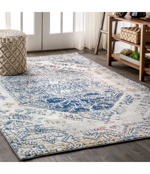 Modern  Boho Vintage Cream/Blue 5 ft. x 8 ft. Area Rug