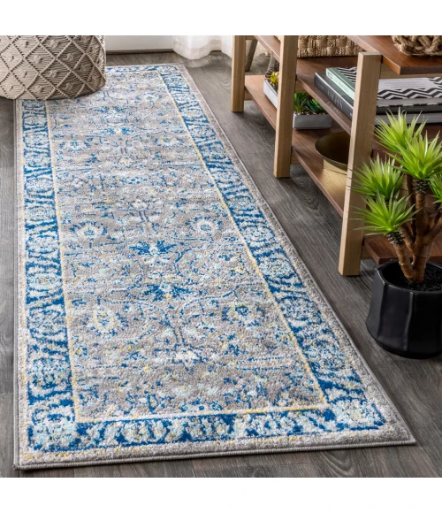 Modern  Boho Floral Gray/Navy 2 ft. x 8 ft. Runner Rug