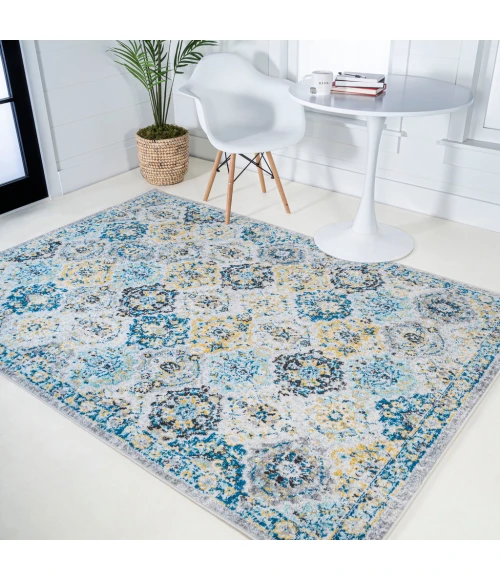Modern  Boho Vintage Trellis Blue/Multi 4 ft. x 6 ft. Area Rug
