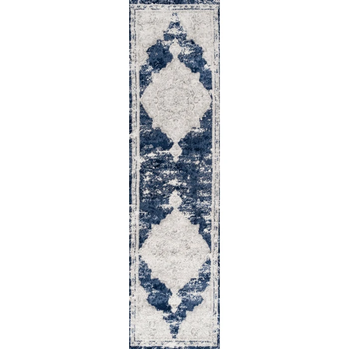 Alhambra Ornate Medallion Modern Ivory/Navy 2 ft. x 8 ft. Runner Rug
