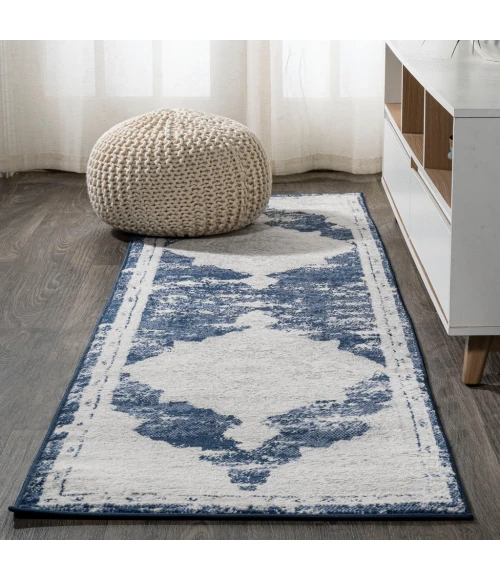 Alhambra Ornate Medallion Modern Ivory/Navy 2 ft. x 8 ft. Runner Rug