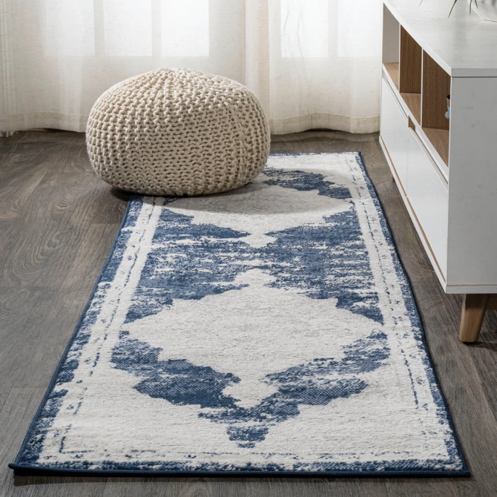 Alhambra Ornate Medallion Modern Ivory/Navy 2 ft. x 8 ft. Runner Rug