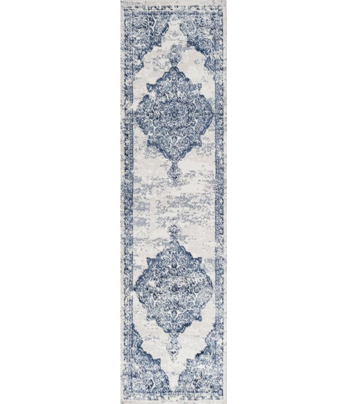 Alhambra Ornate Medallion Modern Light Blue/Ivory 2 ft. x 10 ft. Runner Rug