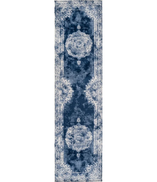 Rosalia Cottage Medallion Navy/Ivory 2 ft. x 10 ft. Runner Rug