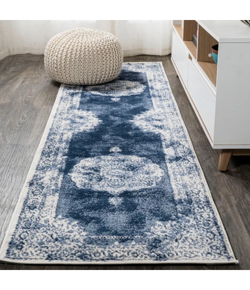 Rosalia Cottage Medallion Navy/Ivory 2 ft. x 10 ft. Runner Rug