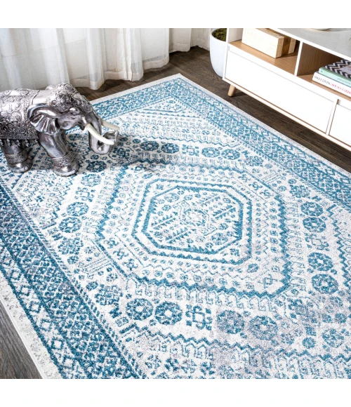 Boho Cottage Medallion Blue/White 5 ft. x 8 ft. Area Rug