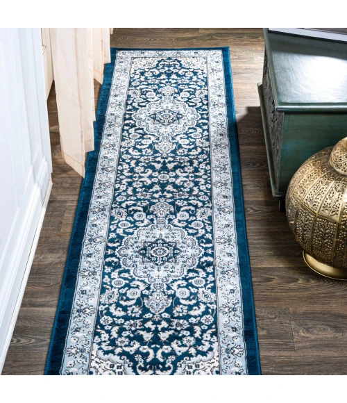 Palmette Modern Persian Floral Navy/Blue 2 ft. x 8 ft. Runner Rug