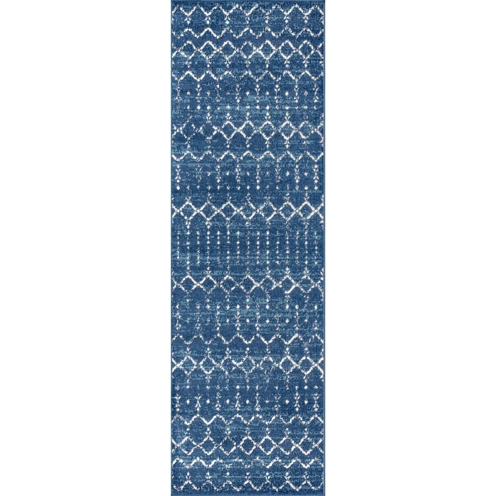 Moroccan HYPE Boho Vintage Diamond Blue/White 2 ft. x 8 ft. Runner Rug