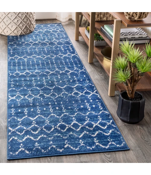 Moroccan HYPE Boho Vintage Diamond Blue/White 2 ft. x 8 ft. Runner Rug